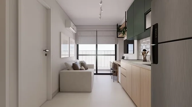 Studio minimalista e organizado